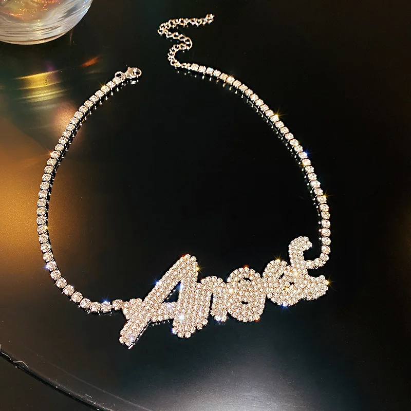 

2021 Full diamond English letter necklace exaggerated cold wind chain short neck chain fashion personality Necklace women