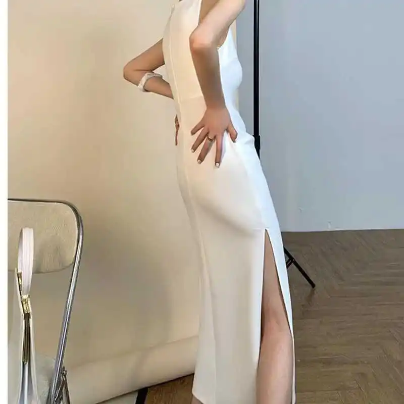 

New Women Summer Spaghetti Strap Sleeveless Sexy Elegant Black White Party Slit Dress