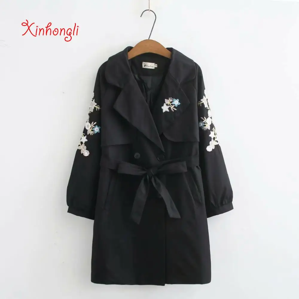 Black Plus size Embroidery Adjustable waist bow women loose long Trench coats NEW spring autumn office ladies slim coats female - Color: Black