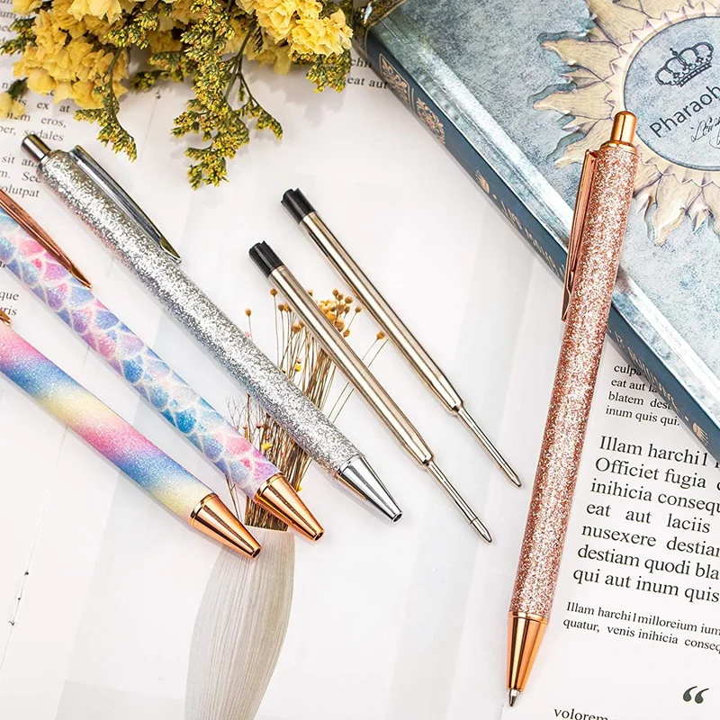 

8Pcs Metal Ballpoint Pens 1.0 mm Retractable Ballpoint Pens Glitter Metal Pens with 8Pcs Refills for School Supplies