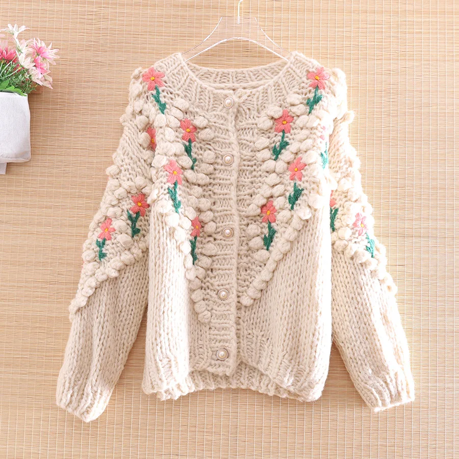 Women Sweater Top Royal Loose Vintage High-end Wool Embroidery Floral Knitted Sweater Elegant Lady Female