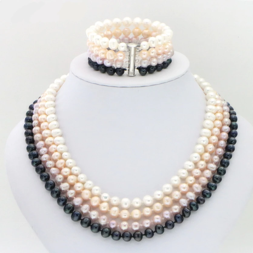 Комплект ювелирных украшений ожерелье и серьги из ракушек Черного Жемчуга 4 ряда