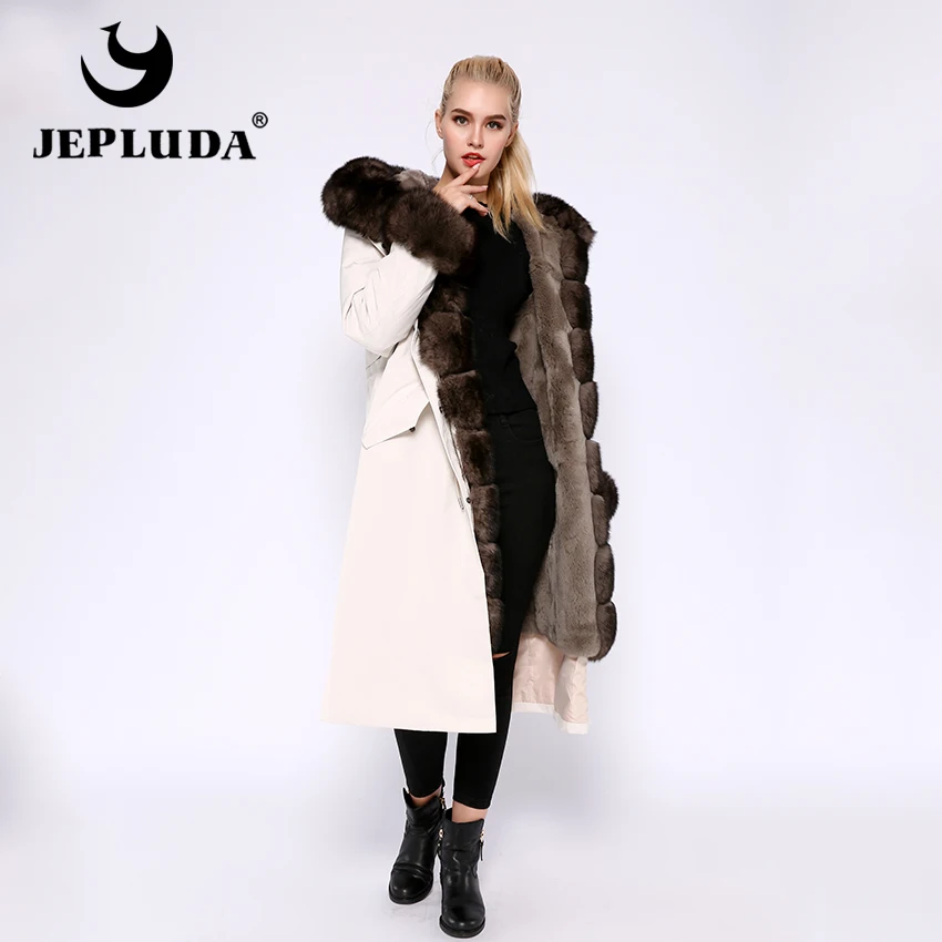 JEPLUDA парка женская с натуральным мехом лисой большой на капюшоном и манжетами меховой подкладкой кролика рекс полный толстый разъемный зимнее женское пальто с мехом съемный женская куртка из натурального меха лиса