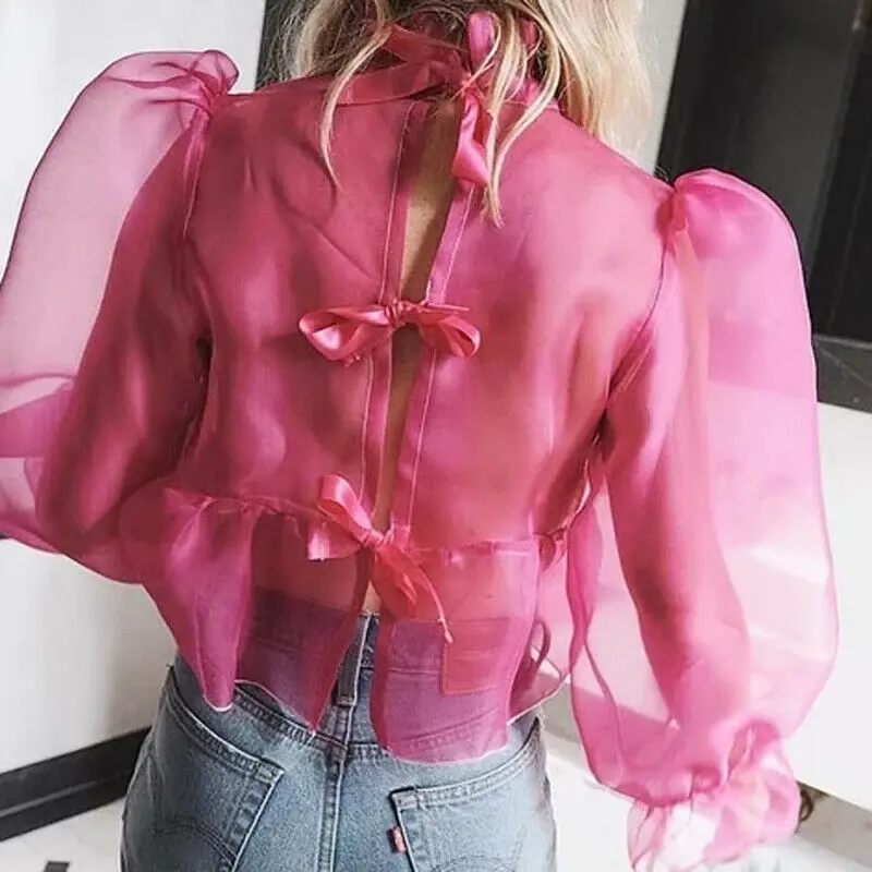 Сексуальный женский прозрачный сетчатый топ с высоким воротником воротом и