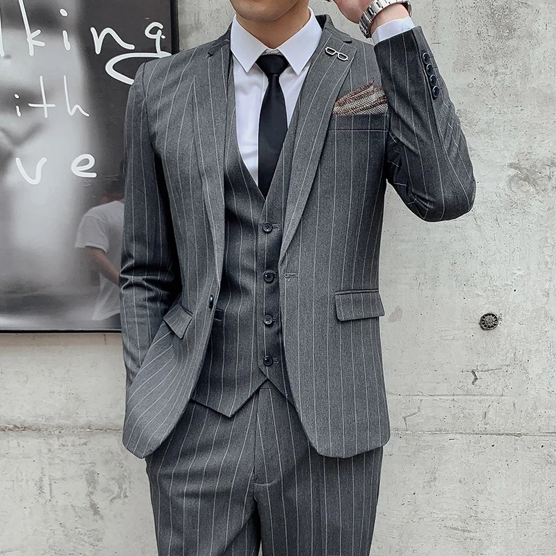 

2020 Men Leisure Suit Youth Spring And Autumn New Style Single Buckle Simple Vertical Striped Suit Three Pieces
