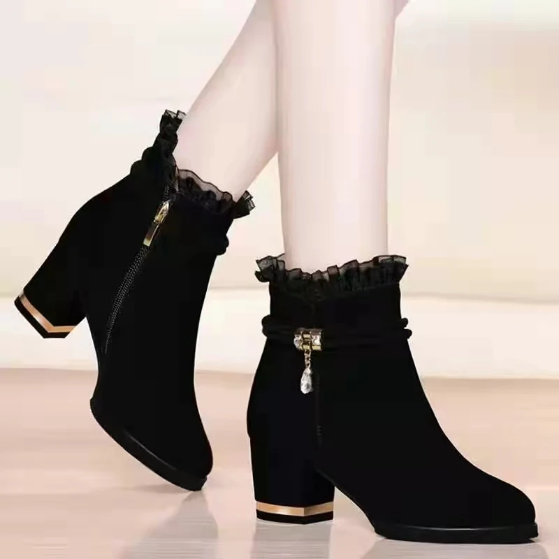 

Women Martin Boots 2021 Lace Sexy Female Ankle Booties Black Casual Womans Shoes 5cm High Heels Flock Office Work Heeled Shoes