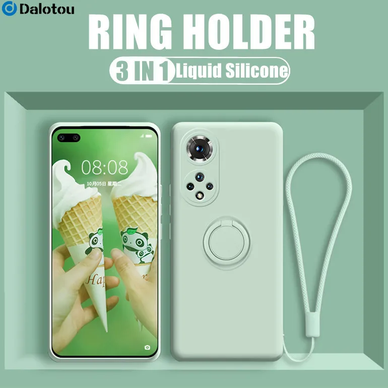 Magnetic Ring Holder Liquid Silicone Case For Huawei P40 Lite P30 P20 P50 Pro Honor 50 20 30 Mate 20 40 P Smart 2021 Strap Cover