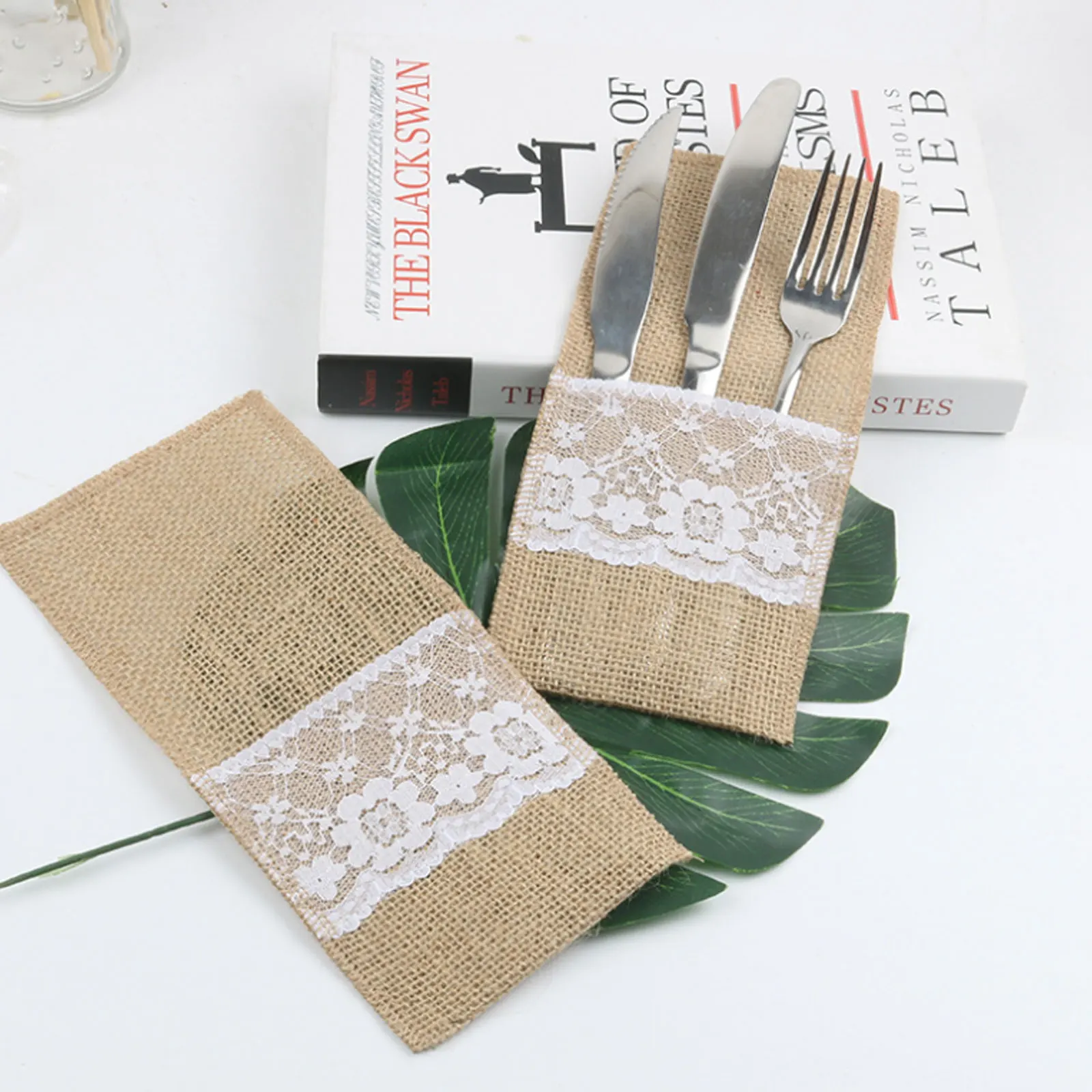 10 шт. натурального джута в декорированном мешковиной горшке столовые приборы