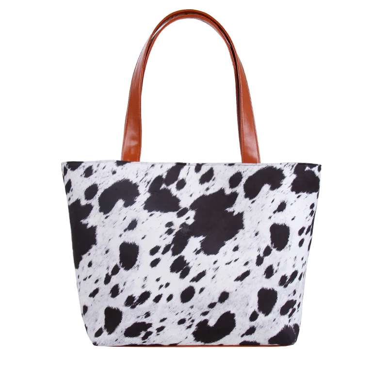 

Crystal Cashmere Cow Printed Tote Bag Button Closure Women Plush Handbags Portable Large Capacity Shopping Travel Satchel