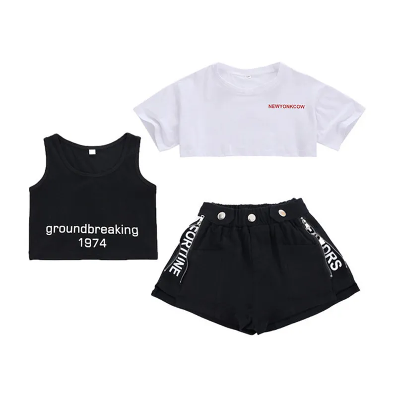 

OPPERIAYA Kids Baby Girls Fashion 3-piece Summer Outfit Casual Set Short Sleeve Letter Print T-shirts Tanks Tops Shorts Set