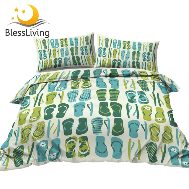 BlessLiving Flip Flops Bedding Set Queen Summer Duvet Cover Set 3pcs Green Blue Comforter Cover Cartoon Stylish Home Textiles 1