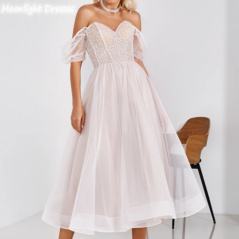 

Sparkle Short Sleeves Evening Dress Lace Up Beads A-Line Sweetheart 2021 Formal Party Gown Backless Tea-Length Hot Sale Women