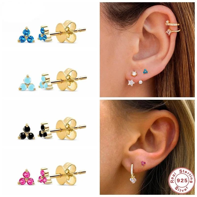 

2021 Sterling Silver Geometric Colorful Zircon Luxury Stud Earrings For Women Piercing Earring Jewelry Gift pendientes