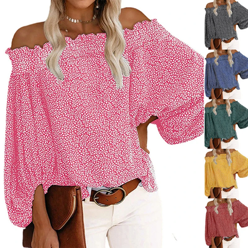 

Blouses Long Sleeve Top Women Autumn Over Print Surplice Neck Lantern Sleeve Loose Casual Women'S Blouse Ladies Plus Size Tops