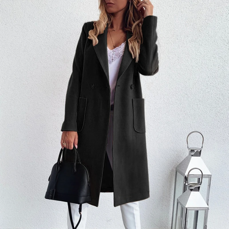 

Office Lady Elegant Coat 2021 Fashion Women Solid Color Pocket Slim Outerwear Lapel Blazer Commuter Long Coats Woman Clothing