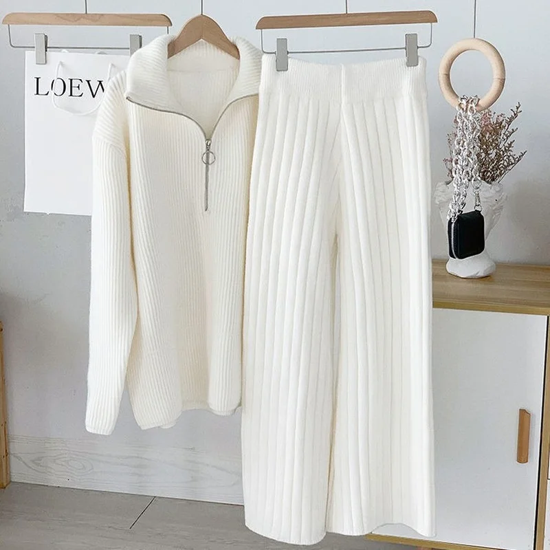 

Knitted Wide-leg Pants and Sweaters Women's Tracksuit Autumn Winter Casual Solid White Long Sleeve Jumpers Female 2 Pieces Set