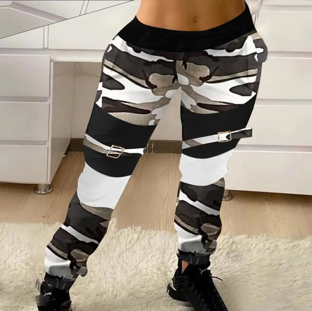 

Women Camouflage Colorblock Pocket Design Cargo Pants Elastic Waist High Streetwear Harajuku Pant Chain Females Trousers Hot