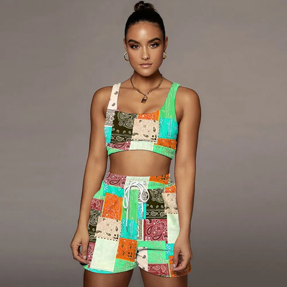 

Paisley Tracksuit Bandanna 2 Piece Club Outfit Color Block Slim Fit Tank Top + High Waist Jogger Short Beachwear Matching Set