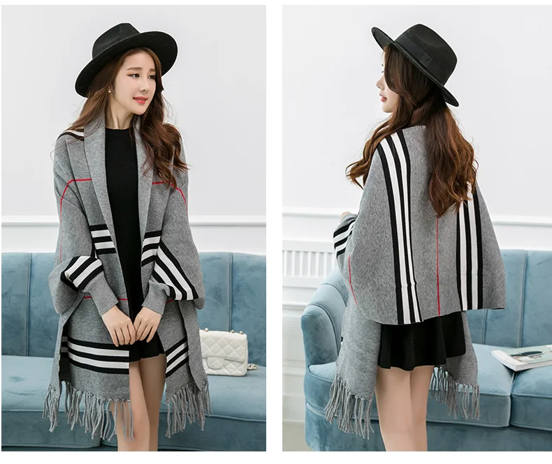 Модный женский вязаный кардиган весна осень stripeMid длинные кисточки свитер-накидка пальто шаль s300