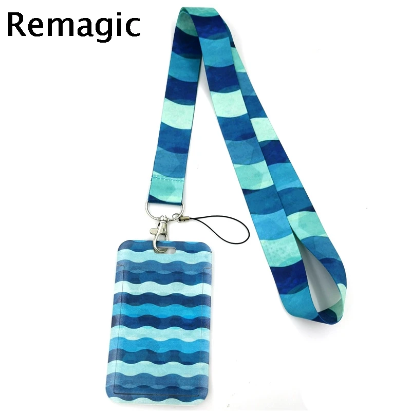 

Blue Water Ripple Lines Lanyard Credit Card ID Holder Bag Student Women Travel Card Cover Badge Car Keychain Decorations