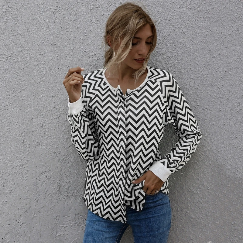

Women Long Sleeve Stripe Loose Coat Jacket Pullover Tops Round Neck Streetwear U50C
