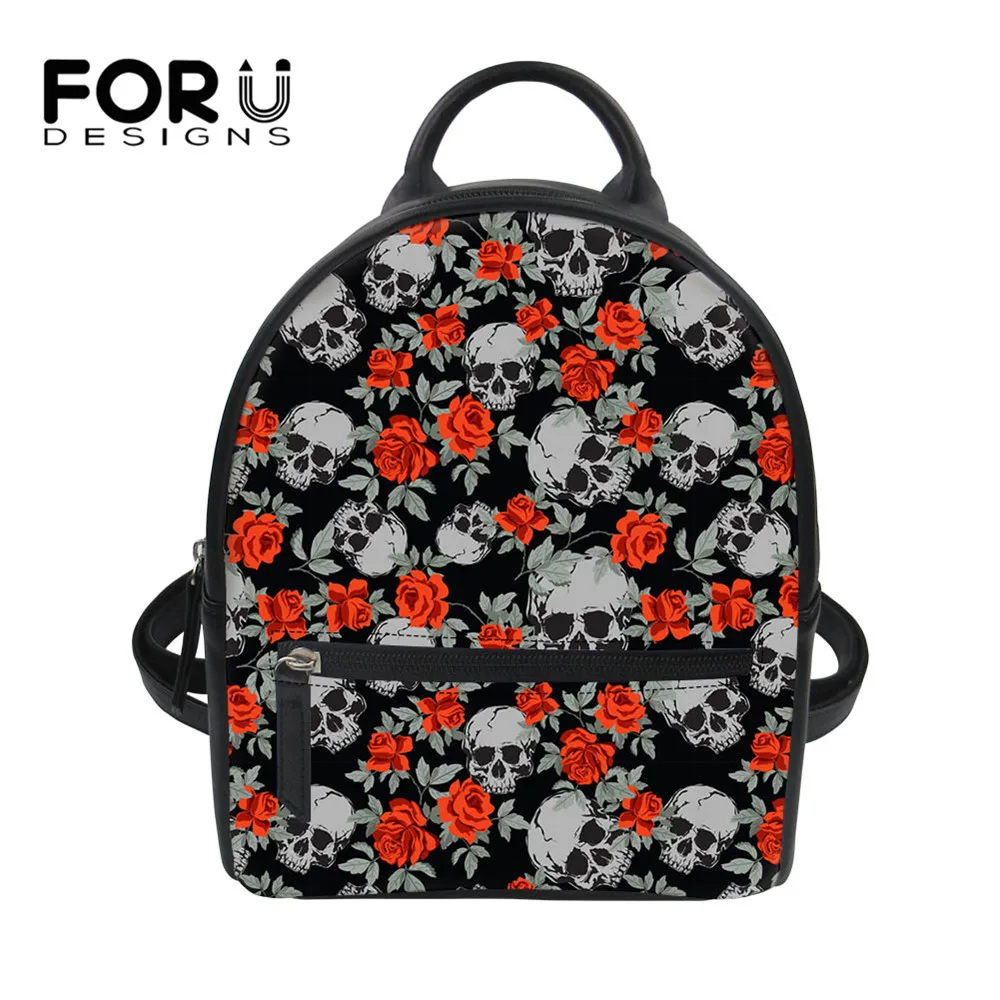 

FORUDESIGNS Mini Backpack Women Leather Shoulder Bag For Teenage Girls Vintage Skull with Floral Pattern Small School Bagpack
