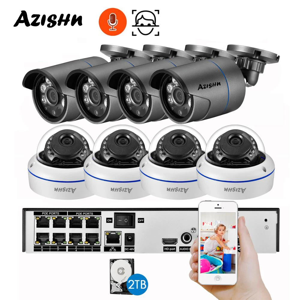 H.265AI 8CH 5MP POE NVR Kit Аудио CCTV Системы металлическая IP камера 2592*1944 Распознавание лиц