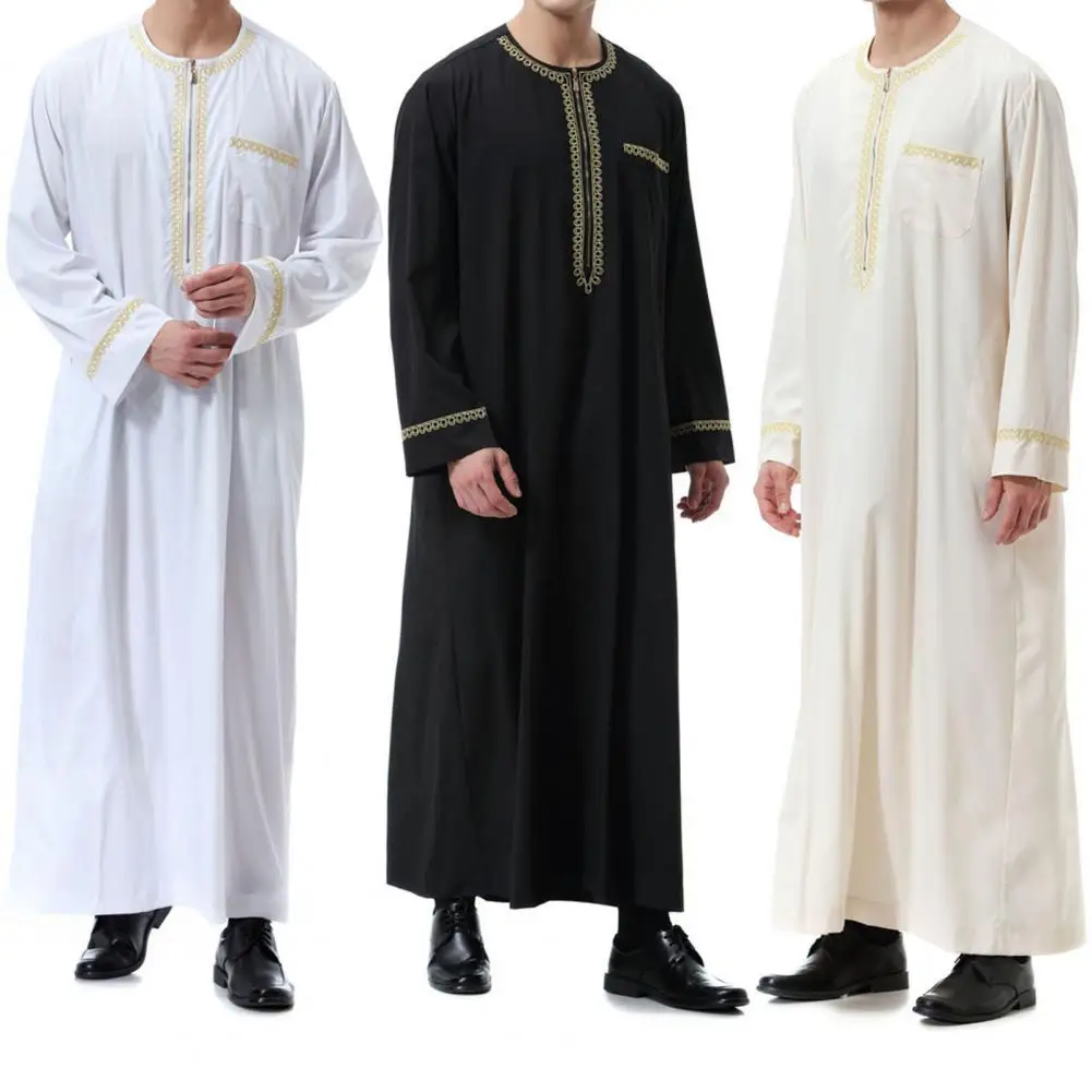 

Men Robe Printed Zipper Ethnic Robe Vintage Striped Long Sleeve Muslim-Robe Casual Solid Color Round Neck Robe for Daily Wear