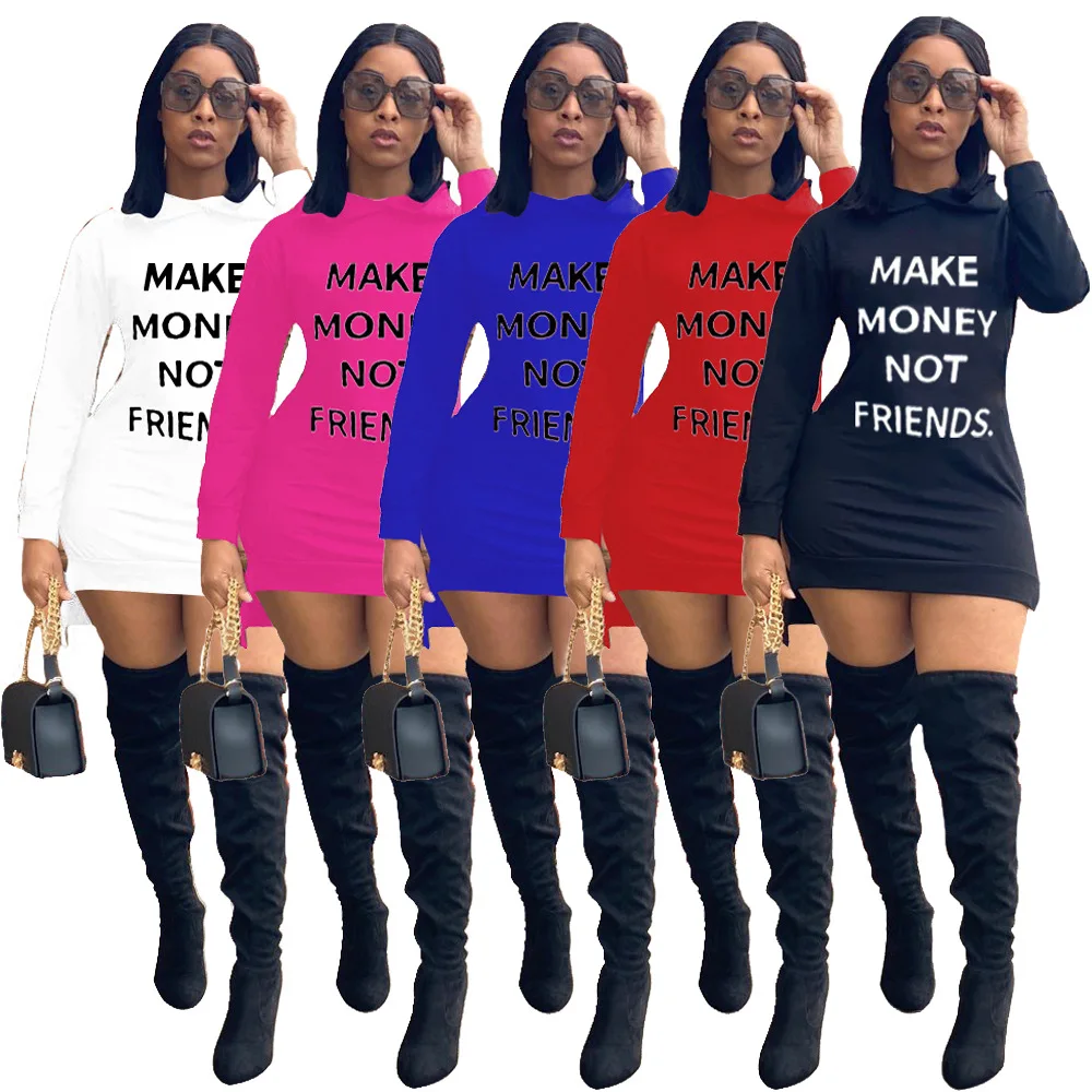 Женская футболка с надписью и длинными рукавами Осеннее мини платье капюшоном