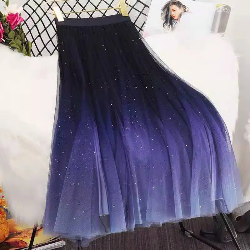

Женская плиссированная юбка, длинная юбка из тюля с градиентным рисунком звездного неба, с блестками, с высокой талией, весна-лето, 2021