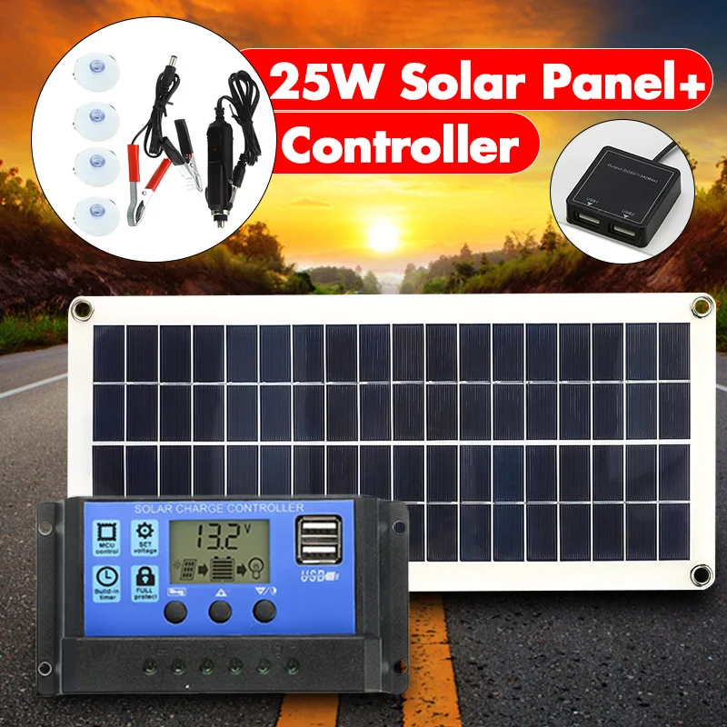 Солнечная панель с двойным USB 12 В 25 Вт выходом для автомобильного зарядного