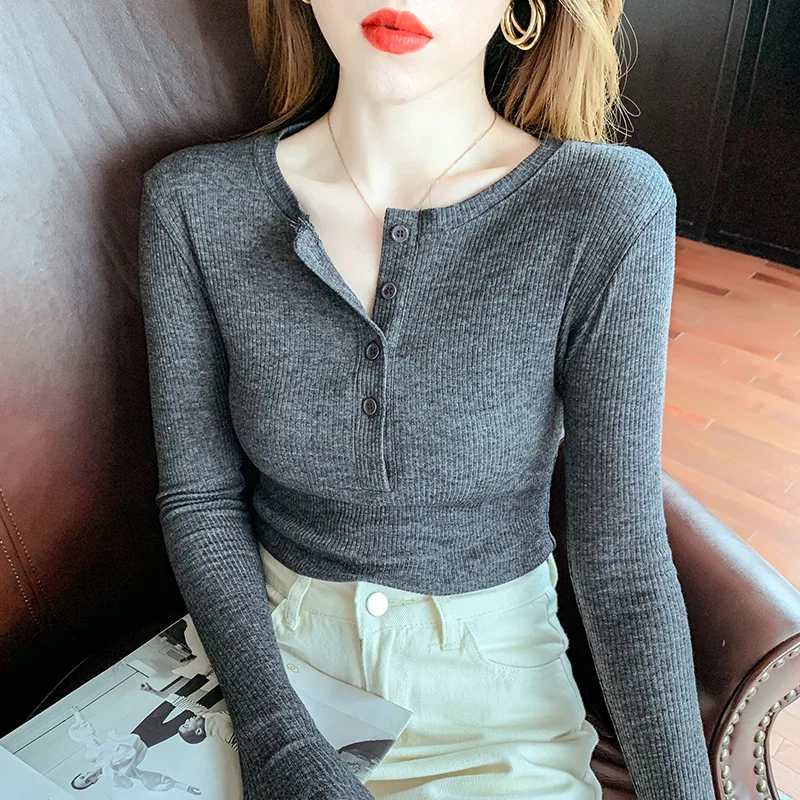 

Cotton Women Spring O Neck Pullover Long Sleeve T Shirt Loose Leisure Buttons Tee Female Tops woman tshirts tops for women