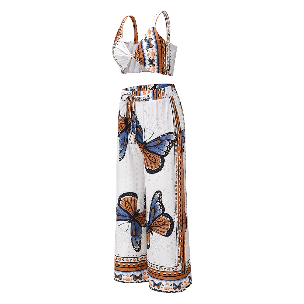 

2021 summer sexy beach bra top + straight trousers two-piece casual suit