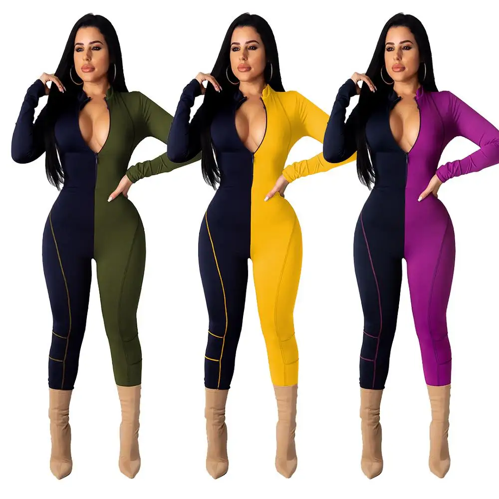 

Zatna Patchwork Color Front Zipper O-Neck Long Sleeve Jumpsuits For Women Casual Fashion Skinny Rompers Sexy Bodycon Playsuits