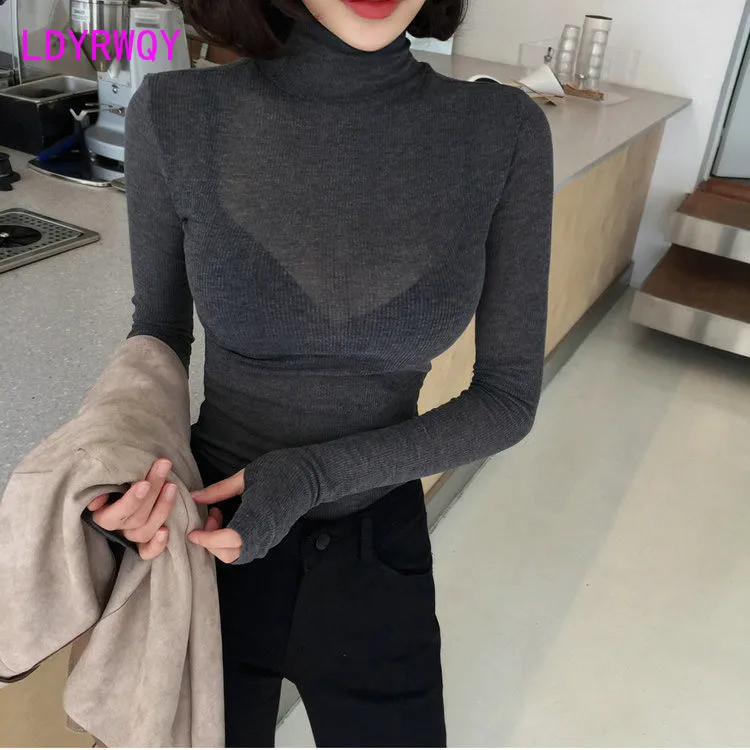 2021 new Korean autumn and winter new heart machine micro transparent elegant thread high collar slim bottoming sweater