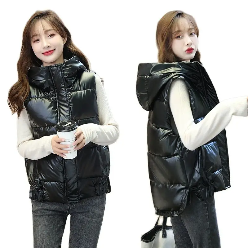 

Новинка, Женская куртка без рукавов с капюшоном, однотонные жилеты с хлопковой подкладкой, Женский Повседневный зимний жилет на молнии, бле...