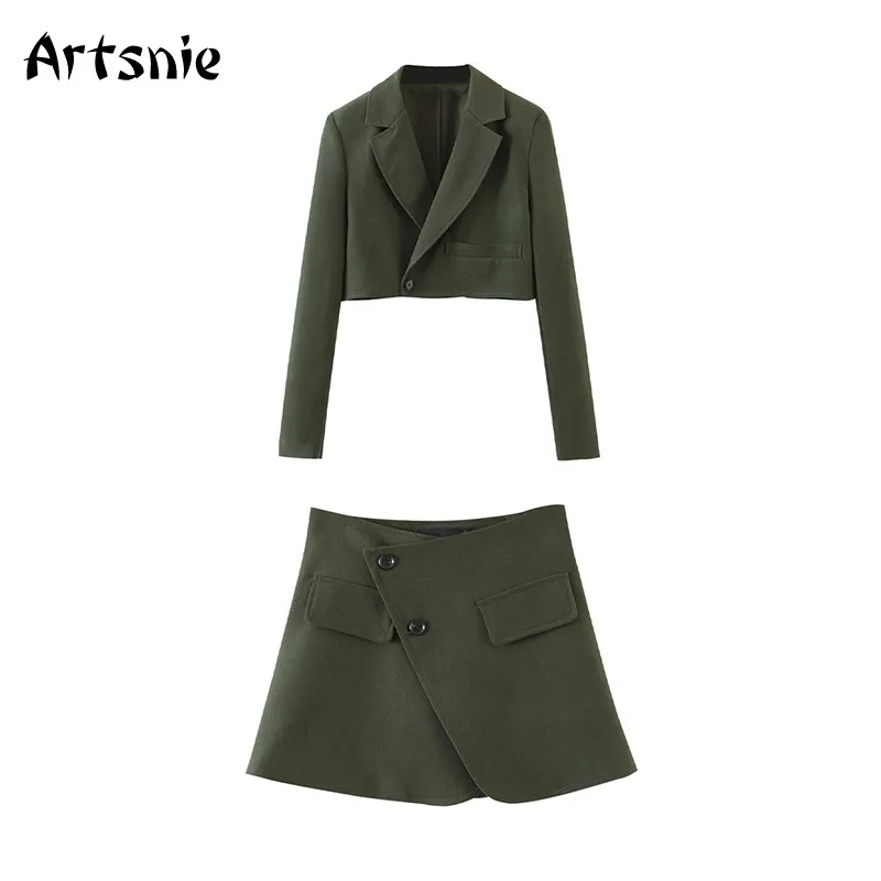 

Artsnie Winter Corduroy Tracksuit Women Two Piece Set Single Breasted Cropped Blazers High Waist Split Skirts tracksuits Outfit