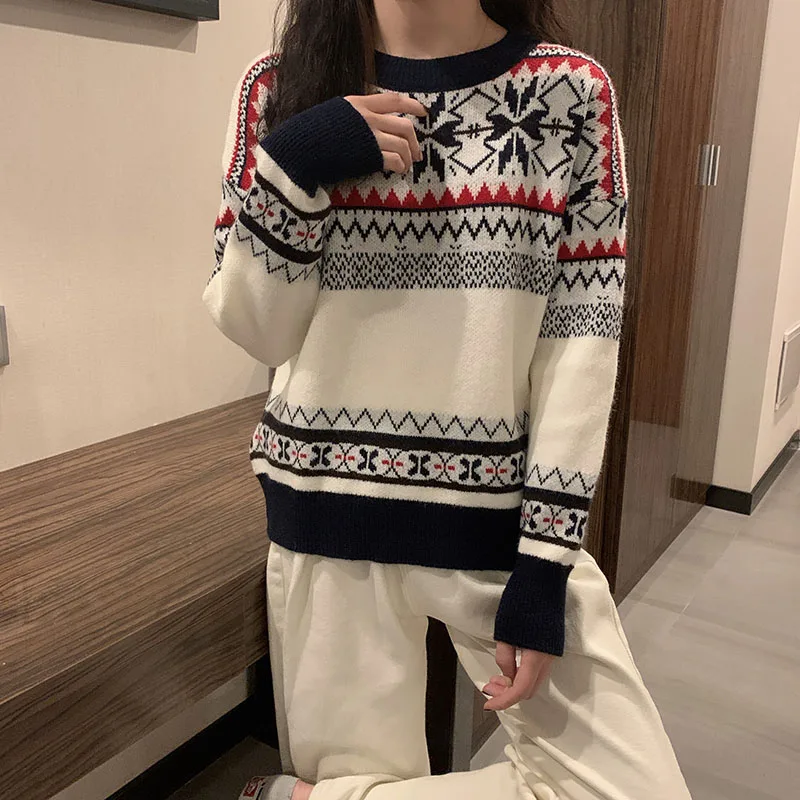 

Winter Christmas Sweater Women Pullover Sweaters Long Sleeve Striped Knitted Sweater Women Plus Size