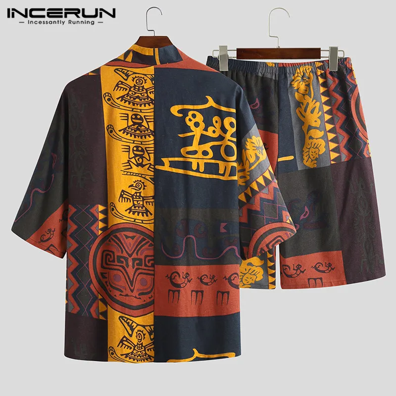 

INCERUN 2021 Men Sets Ethnic Style Printed Half Sleeve Open Stitch Cardigan Shirt Shorts Casual Loose Street Vintage Men's Suit