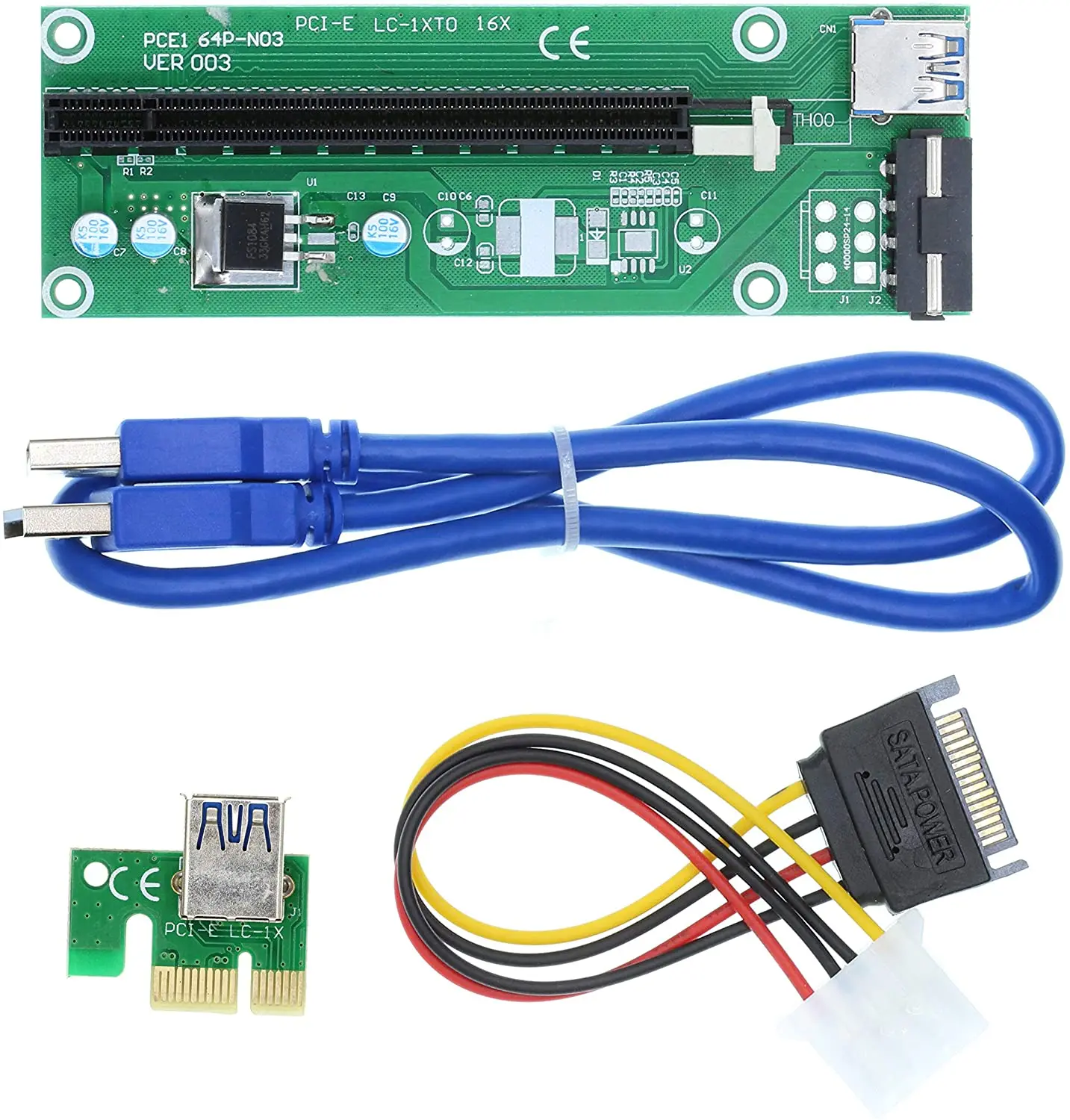 

100Pcs VER 003 USB 3.0 PCI-E Riser Express 1X 4x 8x 16x Extender Riser Adapter Card SATA 15pin Male to 4pin Power Cable For
