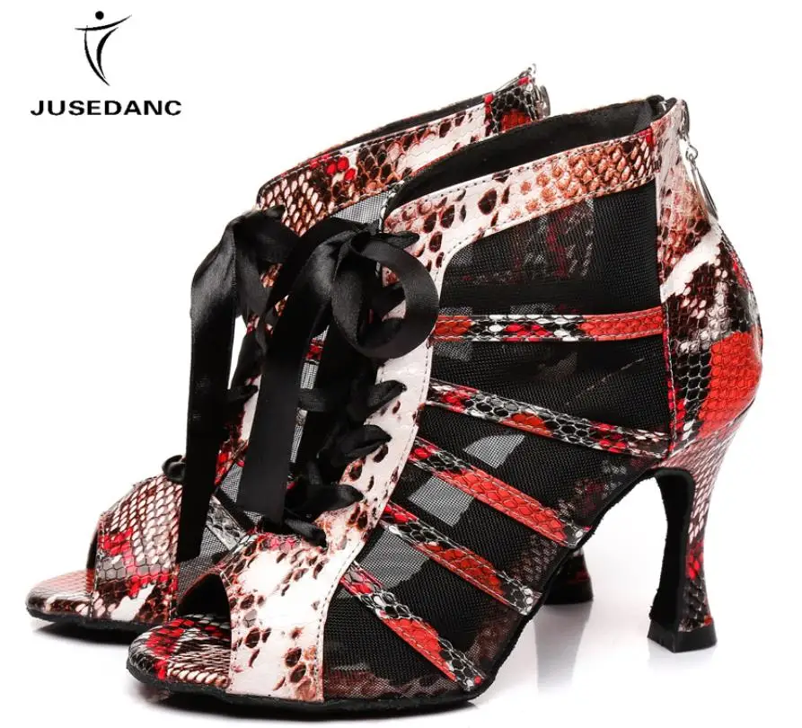 black heel 9cm Обувь латиноамериканское танцевальное женские туфли для танго леопард, латино обувь женская танцевальная обувь; красный, белый JuseDanc - Цвет: black heel 9cm
