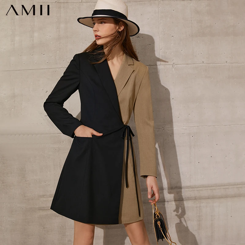 

Amii Minimalism Spring Offical Lady Women's Suit Dress Causal Vneck Patchwork Slim Fit Aline Women's Summer Dress 12140105