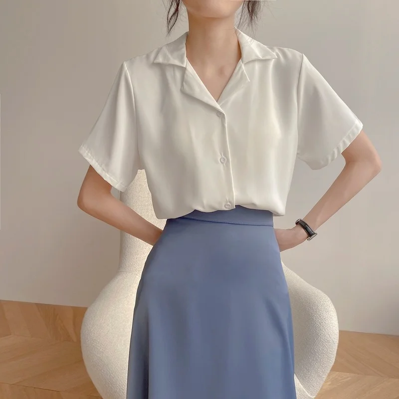 

Spring/Summer 2021 New Retro Korean Professional Suit Collar Long-sleeved Lapel Short-sleeved Shirt Women's Solid Color Top 2XL