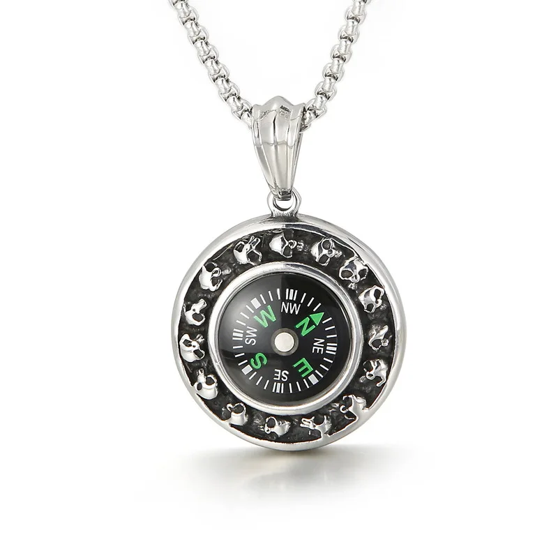 

European and American fashion personality creative compass skull titanium steel men's pendant