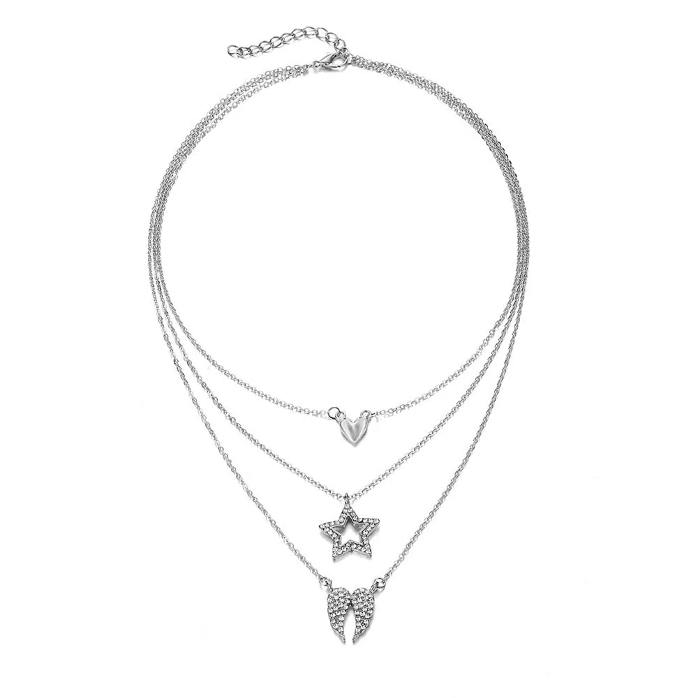 

OUREX Hot Sell Punk Style Rhinestone Love Heart Star Moon Pendent Necklace Multi-layer Necklace For Women Wedding Jewelry
