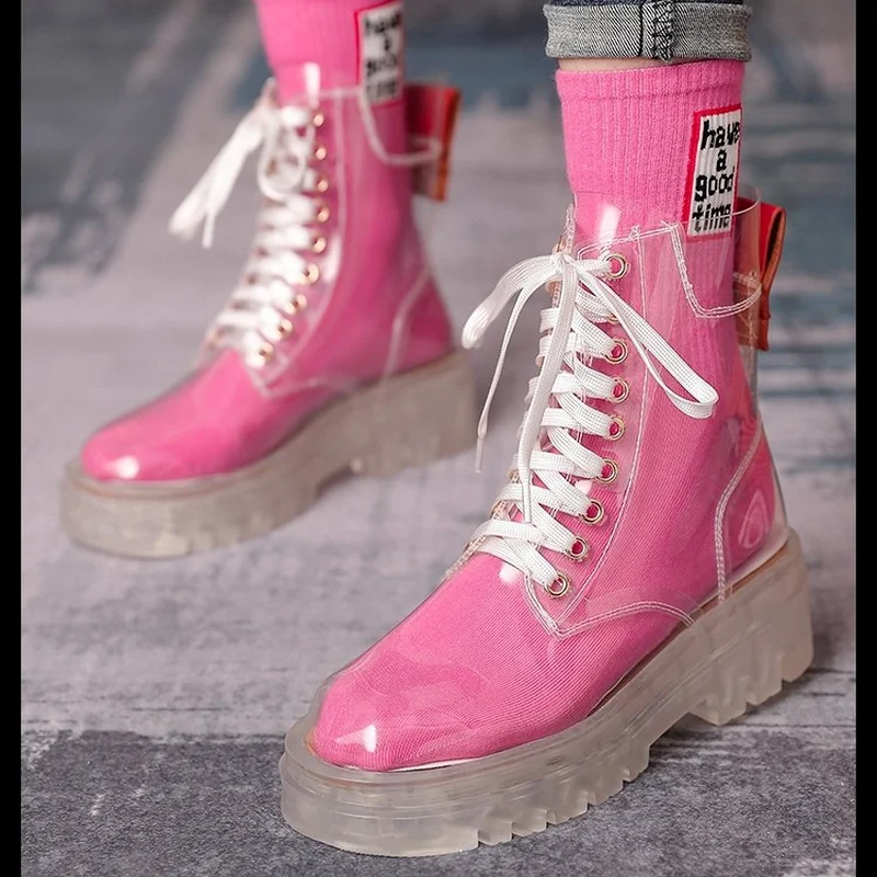 

Fashion Ladies Rain Boots Mature Ladies Lace Up Waterproof Women's Shoes Transparent Candy Color Soles Outdoor Women's Boots