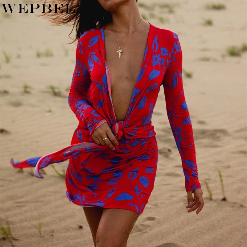 

Mandylandy Women Summer Deep V Neck Pencil Dress Lady Sexy Print Bow Tie Skinny Slim Fit Bodycon Dress Beach Dress