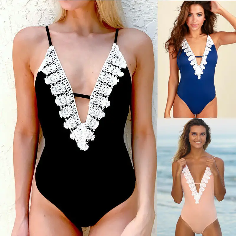 

Sexy 2020 Summer Women's One Piece Bikini Lace V Neck Beach Swimsuit Swimwear Ladies Bathing Monokini Push Up Padded Bikini