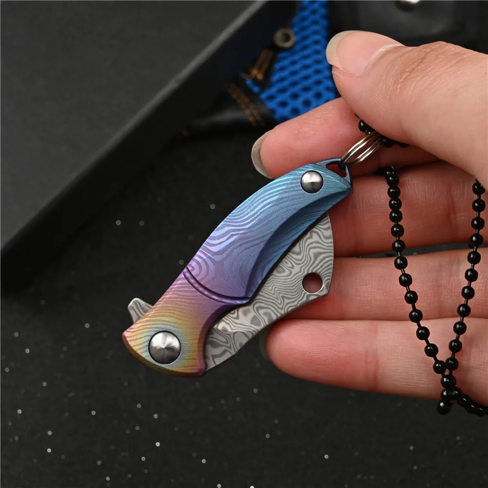

Top Quality Mini Folding Knife Damascus Steel Neck Knifes Pocket Box Cutter Keychain Knives Outdoor Utility EDC Camping Tools