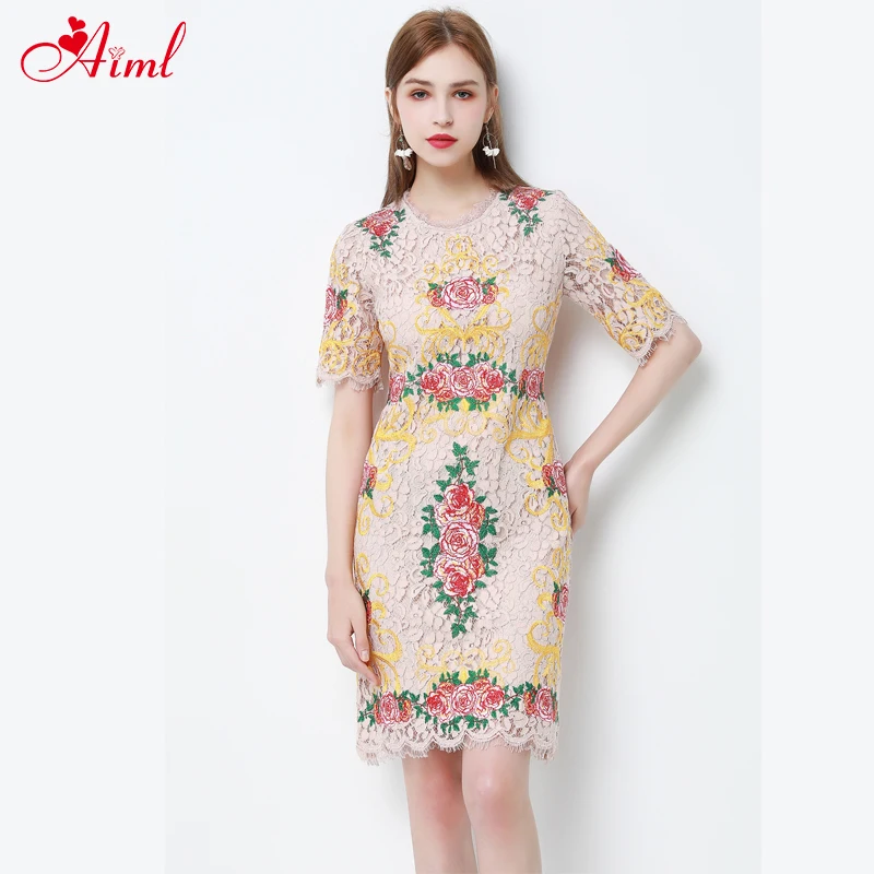 

Designer Runway Fashion Summer Vintage Short sleeve Dress Female Gorgeous Light Pink Lace floral Embroidery Elegant Midi Dress